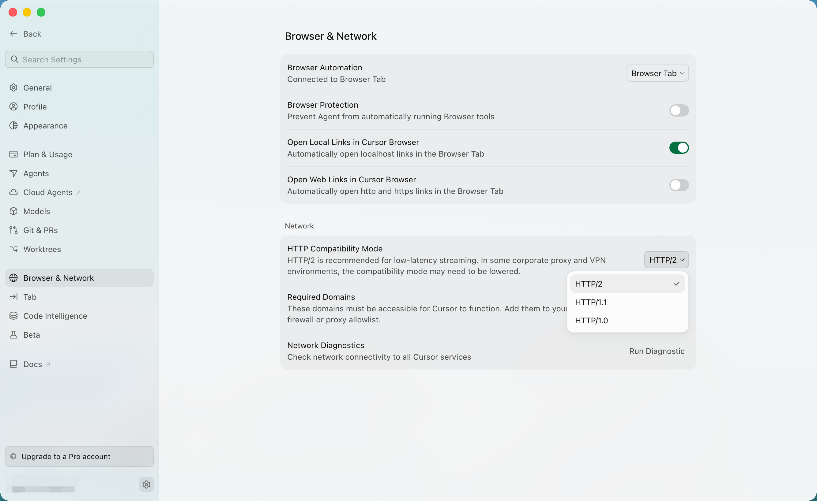 Cursor 的 HTTP Compatibility Mode 设置