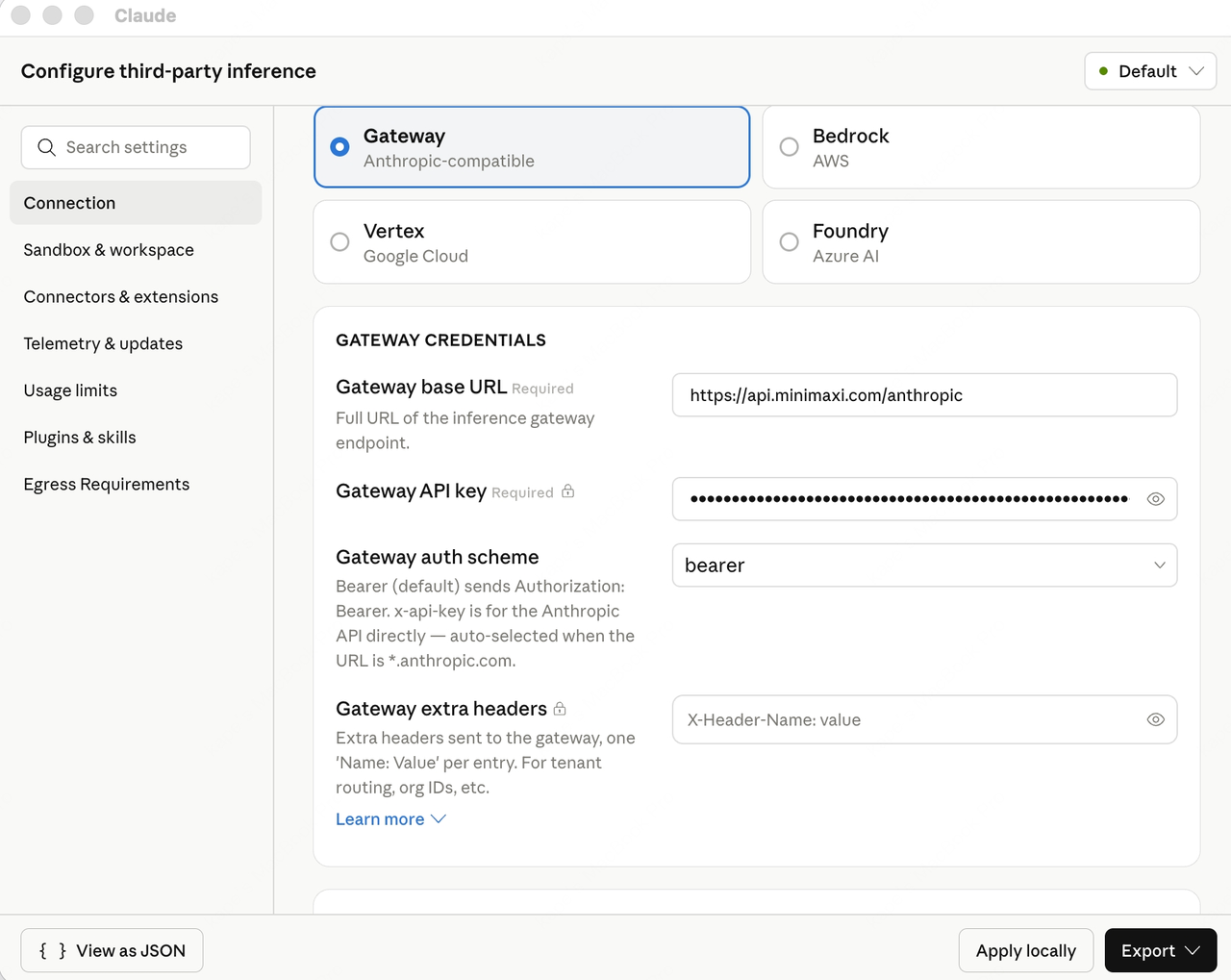 Configure third-party inference 配置对话框